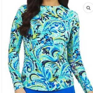 IBKUL Aubrey Crew Neck Long Sleeve Top UPF Blue Turquoise Green Swirl